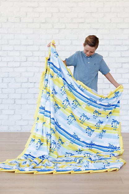 Tropical Minky Blanket JulesRoche Blue Satin Ruffle