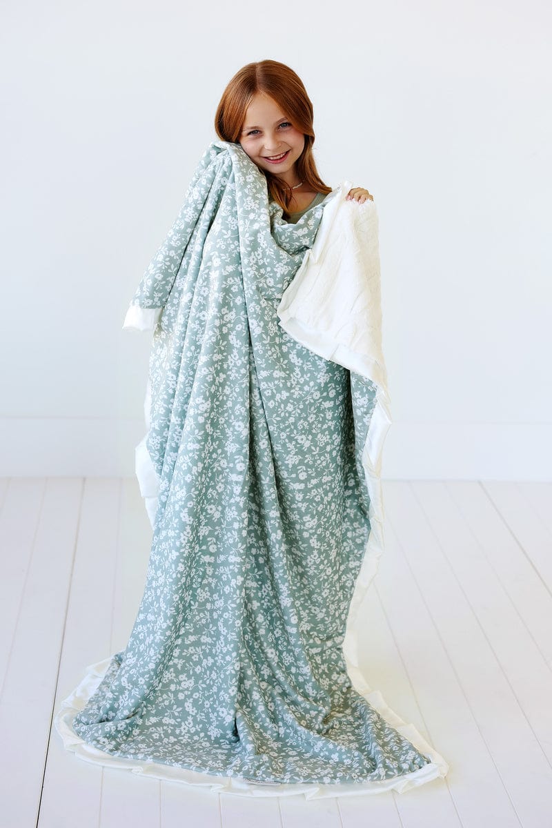 Minky Blanket JulesRoche Plush Cozy Sage with Satin Ruffle