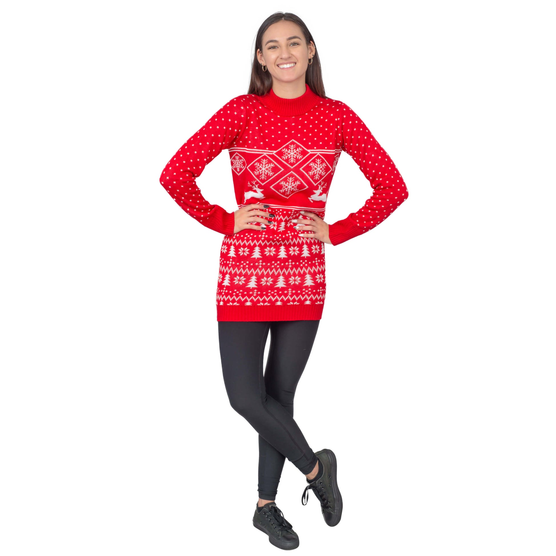 Women's JulesRoche Ugly Christmas Sweater Dress with Red Reindeer Julesroches