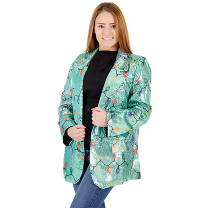 Women's Sequin Blazer - Xmas Lights for Festive Fun Julesroches