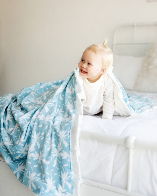 Blue Tropical Minky Satin Ruffle Blanket - JulesRoche